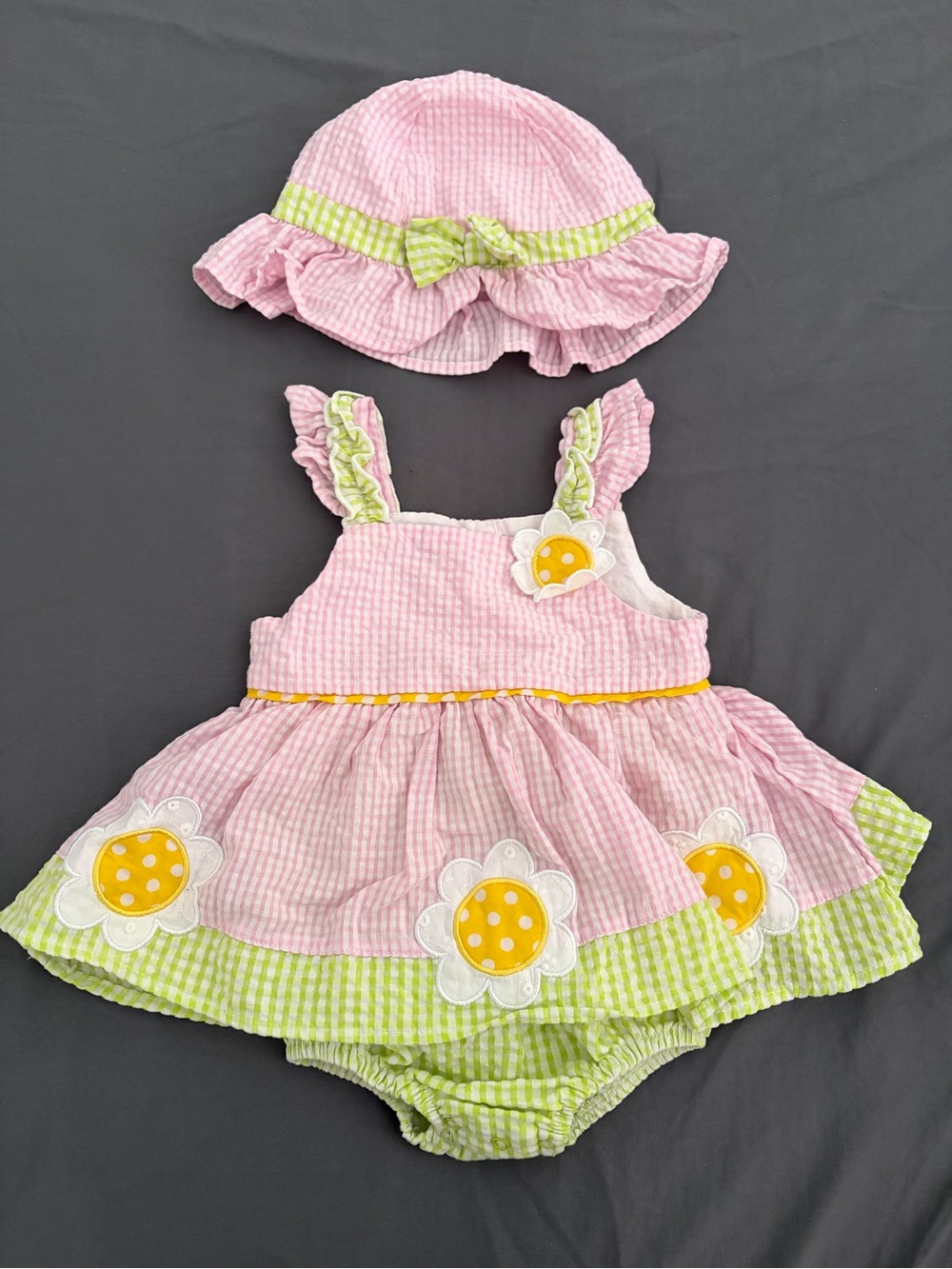 Blueberi Boulevard Seersucker Stripe Daisy Sunsuit with Yellow Daisy Accent